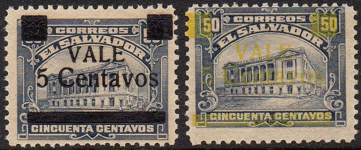 sellos timbres-poste Briefmarken stamps El Salvador 1919 Centavo surcharges on Tram Trolley Tranvia National Theatre teatro nacional 